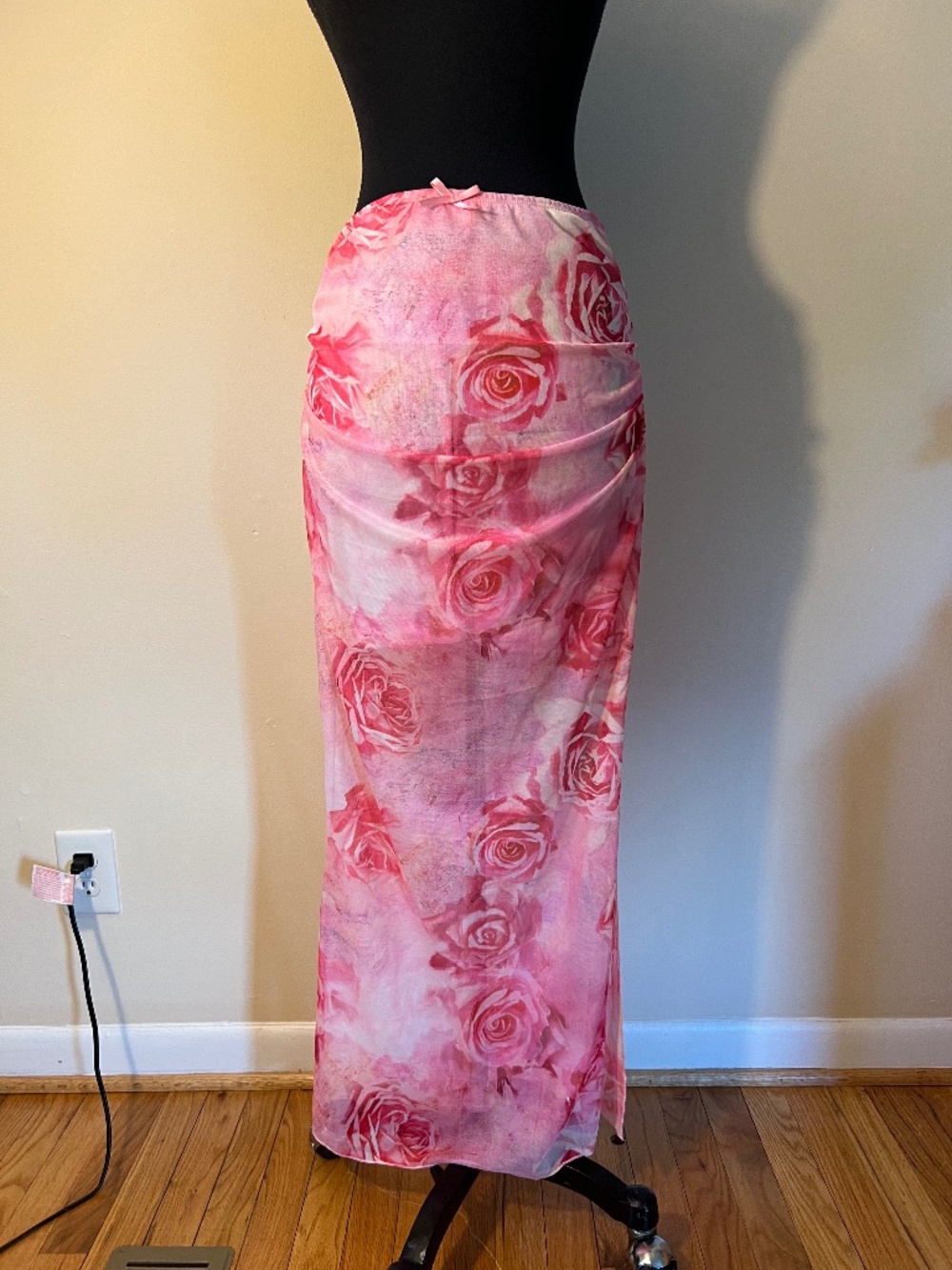 Shein Pink Floral Mesh Maxi Skirt